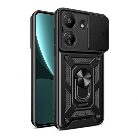 Defender protecțiede plastic pentru telefon (rezistent la șocuri, silicon interior, inel de reținere, protecțiede cameră) negru Xiaomi Redmi 13C