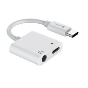 Adaptor audio DEVIA și cablu de încărcare (distribuitor, tip C + mufă jack de 3,5 mm - tip C, încărcător rapid) ALB