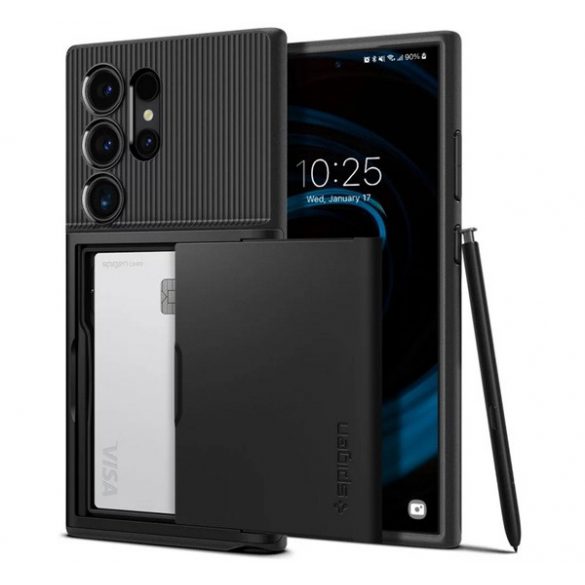 Protectie de telefon din silicon SPIGEN SLIM ARMOR CS (spate din plastic, suport card, rezistenta la impact, colt cu perna de aer) NEGRU Samsung Galaxy S24 Ultra (SM-S928)