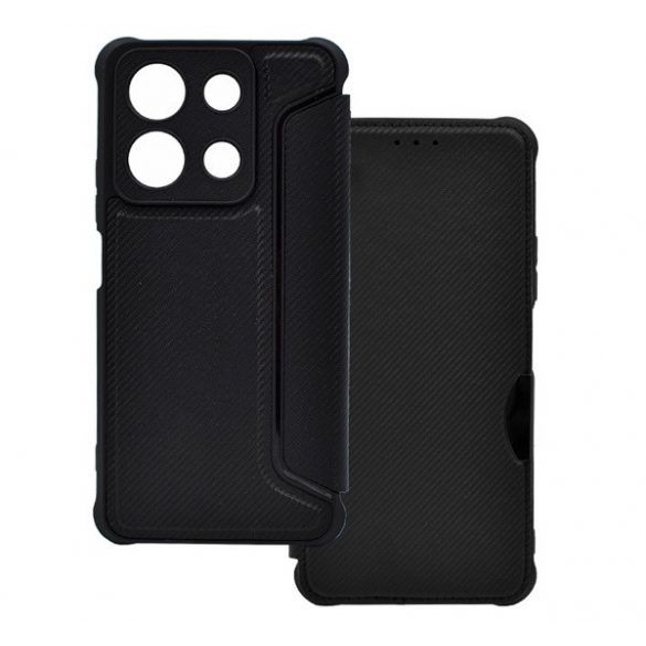 Carcasa in picioare, efect piele (FLIP, deschidere laterala, rezistenta la impact, colt cu perna de aer, protectie camera, model carbon) NEGRU Xiaomi Redmi Note 13 4G