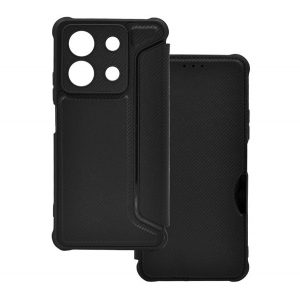 Carcasa in picioare, efect piele (FLIP, deschidere laterala, rezistenta la impact, colt cu perna de aer, protectie camera, model carbon) NEGRU Xiaomi Redmi Note 13 5G