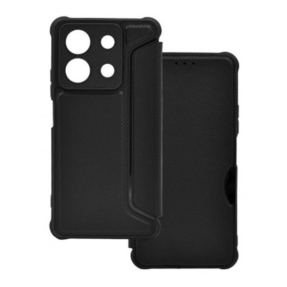 Carcasa in picioare, efect piele (FLIP, deschidere laterala, rezistenta la impact, colt cu perna de aer, protectie camera, model carbon) NEGRU Xiaomi Redmi Note 13 5G