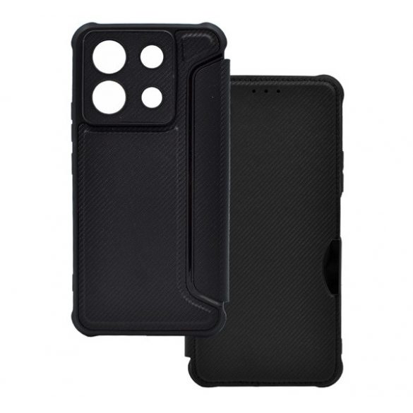 Carcasa in picioare, efect piele (FLIP, deschidere laterala, rezistenta la impact, colt cu perna de aer, protectie camera, model carbon) NEGRU Xiaomi Redmi Note 13 Pro 5G