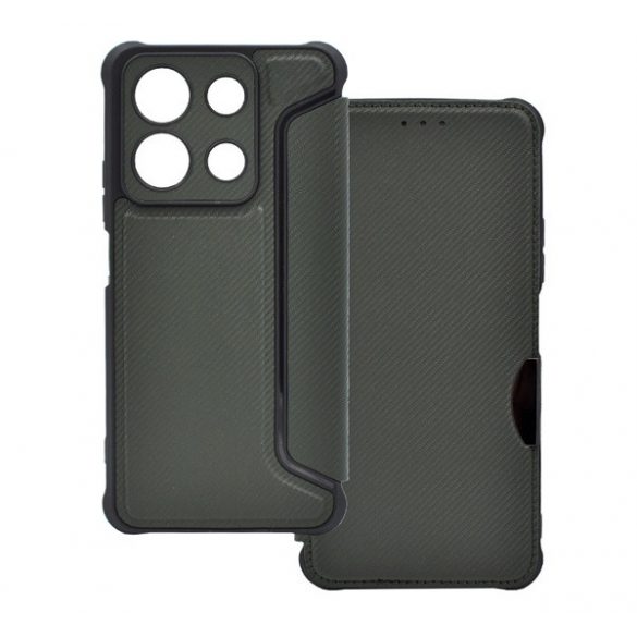 Carcasă staționară, efect piele (FLIP, deschidere laterală, rezistență la impact, colț cu pernă de aer, protecție pentru cameră, model carbon) VERDE ÎNCHIS Xiaomi Redmi Note 13 4G