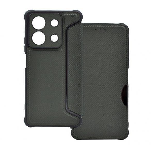 Carcasă în picioare, efect piele (FLIP, deschidere laterală, rezistență la impact, colț cu pernă de aer, protecție pentru cameră, model carbon) VERDE ÎNCHIS Xiaomi Redmi Note 13 5G