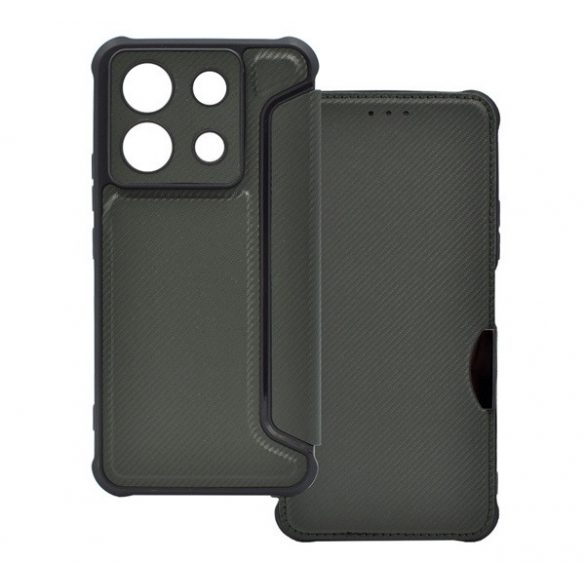 Carcasă staționară, efect piele (FLIP, deschidere laterală, rezistență la impact, colț cu pernă de aer, protecție pentru cameră, model carbon) VERDE ÎNCHIS Xiaomi Redmi Note 13 Pro 5G