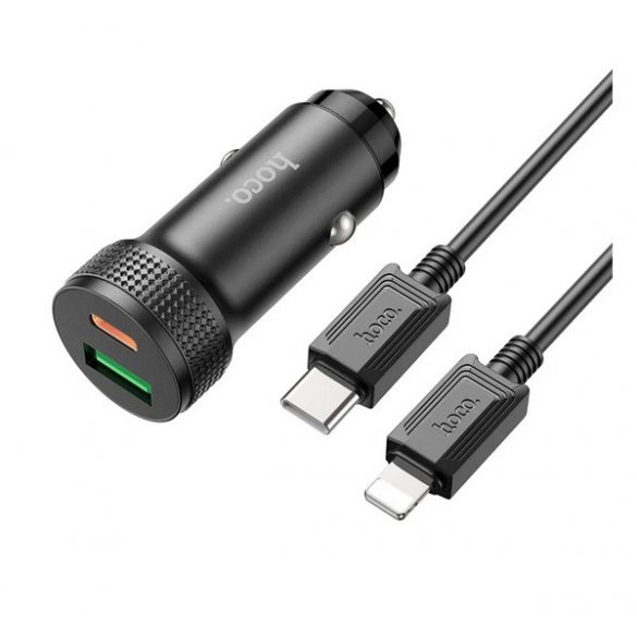 Încărcător auto HOCO LEVEL USB+priză de tip C (38W, încărcător rapid PD 3.0 + cablu lightning) NEGRU