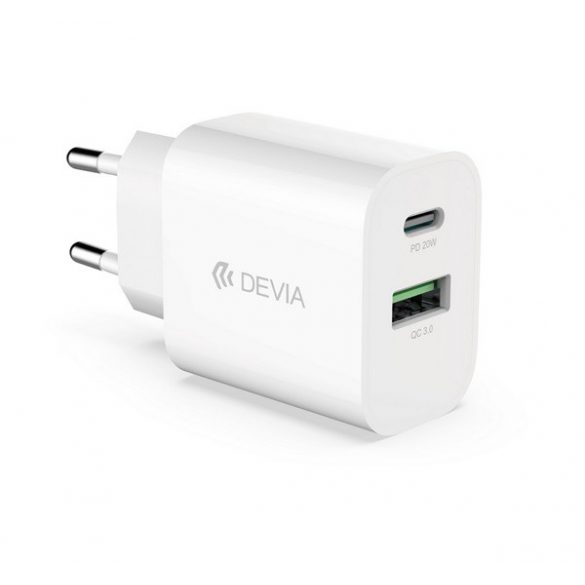 Încărcător de rețea DEVIA SMART USB+Type-C (20W, încărcător rapid PD) ALB