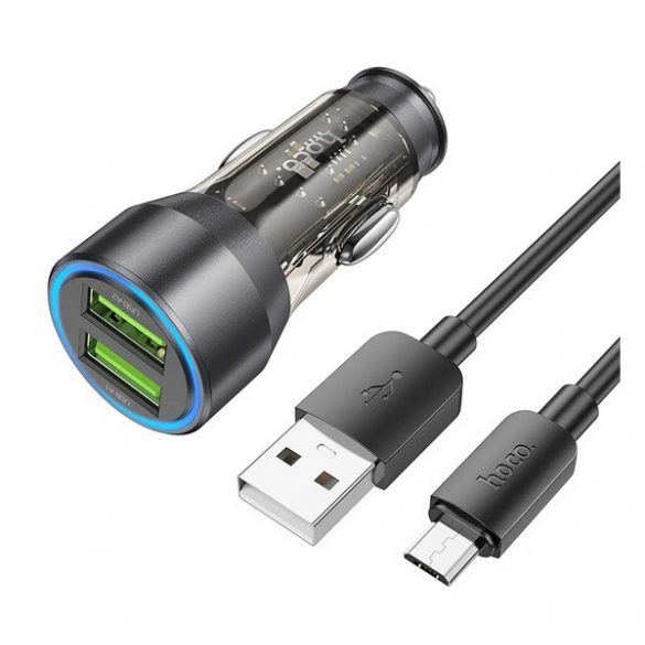 Încărcător auto HOCO 2 prize USB (18W, încărcător rapid, indicator LED + cablu microUSB) NEGRU