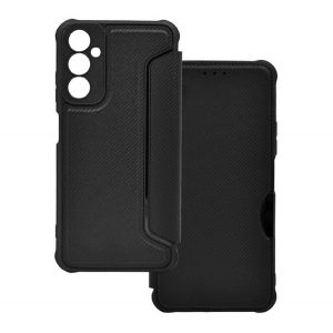 Carcasa in picioare, efect piele (FLIP, deschidere laterala, rezistenta la impact, colt cu perna de aer, protectie pentru camera, model carbon) NEGRU Samsung Galaxy A05s (SM-A057F)