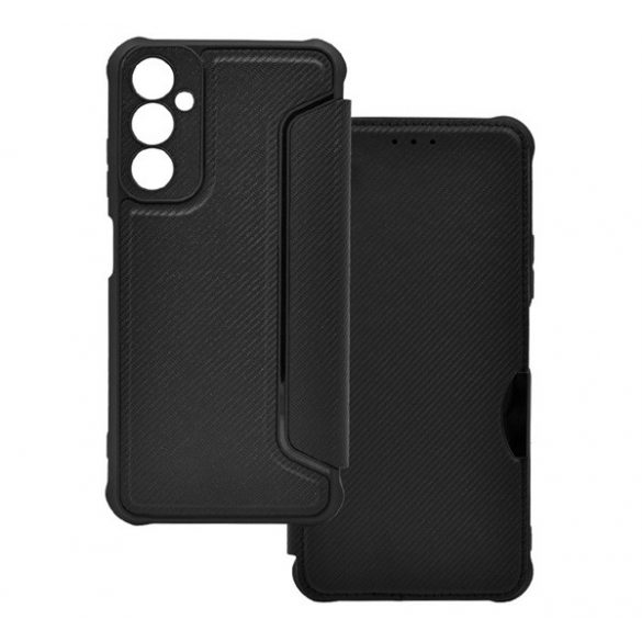 Carcasa in picioare, efect piele (FLIP, deschidere laterala, rezistenta la impact, colt cu perna de aer, protectie pentru camera, model carbon) NEGRU Samsung Galaxy A05s (SM-A057F)