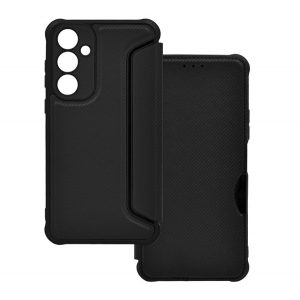 Carcasa in picioare, efect piele (FLIP, deschidere laterala, rezistenta la impact, colt cu perna de aer, protectie pentru camera, model carbon) NEGRU Samsung Galaxy A15 5G (SM-A156), Galaxy A15 (SM-A155)