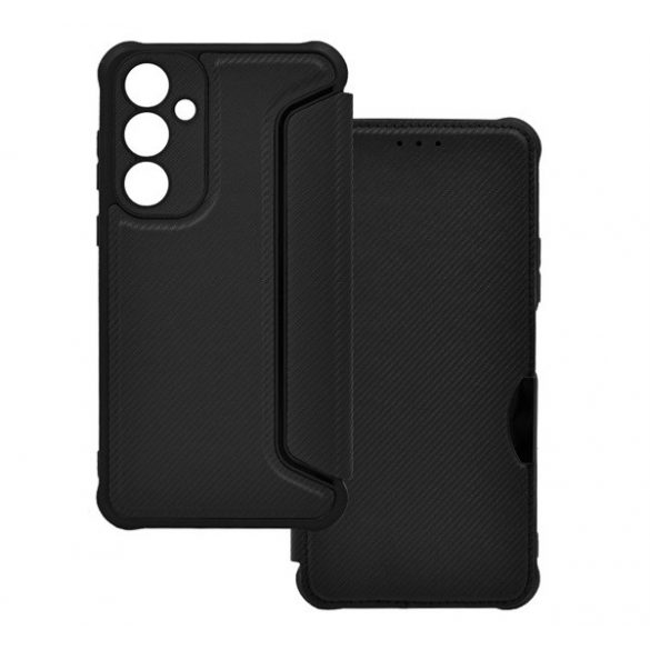 Husă stativă, efect piele (FLIP, deschidere laterală, rezistență la șocuri, toc cu bule, protecție cameră foto, model carbon) negru Samsung Galaxy A25 5G (SM-A256)