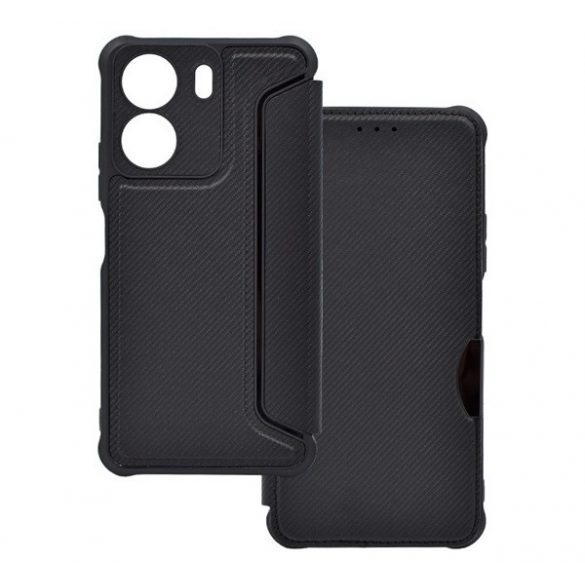 Carcasa in picioare, efect piele (FLIP, deschidere laterala, rezistenta la impact, colt cu perna de aer, protectie camera, model carbon) NEGRU Xiaomi Redmi 13C