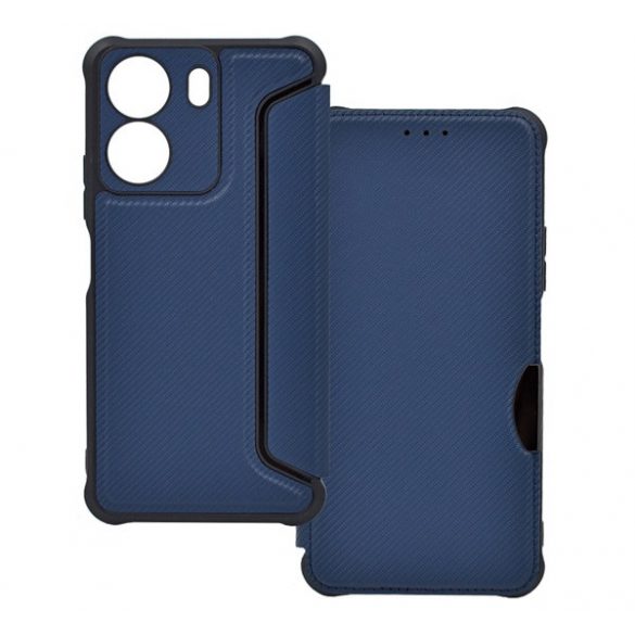 Carcasa in picioare, efect piele (FLIP, deschidere laterala, rezistenta la impact, colt cu perna de aer, protectie camera, model carbon) ALBASTRU INCHIS Xiaomi Redmi 13C