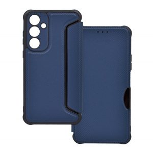 Carcasa in picioare, efect piele (FLIP, deschidere laterala, rezistenta la impact, colt cu perna de aer, protectie pentru camera, model carbon) ALBASTRU INCHIS Samsung Galaxy A35 5G (SM-A356)