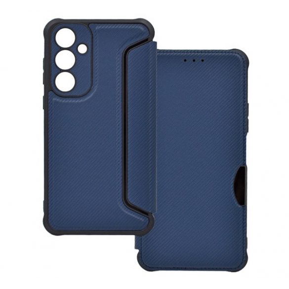 Carcasa in picioare, efect piele (FLIP, deschidere laterala, rezistenta la impact, colt cu perna de aer, protectie pentru camera, model carbon) ALBASTRU INCHIS Samsung Galaxy A25 5G (SM-A256)