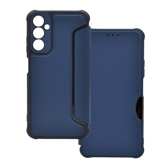 Carcasa in picioare, efect piele (FLIP, deschidere laterala, rezistenta la impact, colt cu perna de aer, protectie pentru camera, model carbon) ALBASTRU INCHIS Samsung Galaxy A05s (SM-A057F)