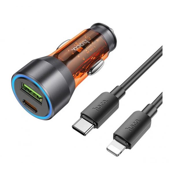 Încărcător auto HOCO USB+priză de tip C (43W, încărcător rapid PD, indicator LED + cablu fulger) PORTOCALIU