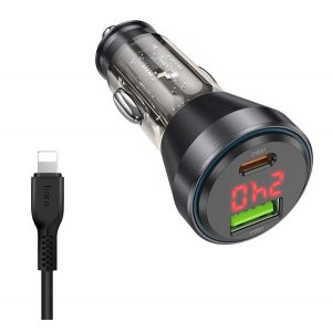 Încărcător auto HOCO USB+priză de tip C (48W, încărcător rapid PD, display LED + cablu fulger) NEGRU