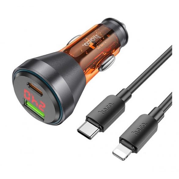 Încărcător auto HOCO USB+priză de tip C (48W, încărcător rapid PD, display LED + cablu fulger) PORTOCALIU