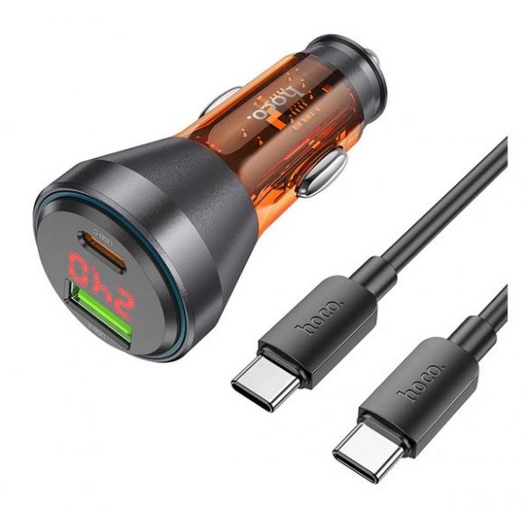 Încărcător auto HOCO USB+priză tip C (48W, încărcător rapid PD, afișaj LED + cablu tip C) PORTOCALIU