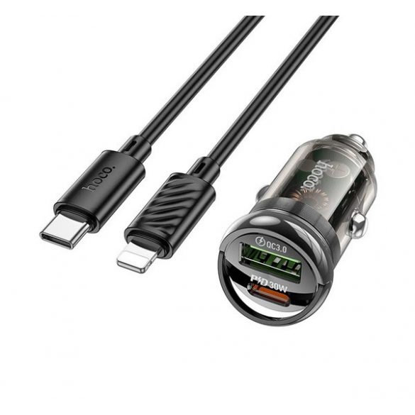 Încărcător auto HOCO Z53A USB+priză tip C (30W, încărcător rapid PD + tip C - cablu fulger) NEGRU