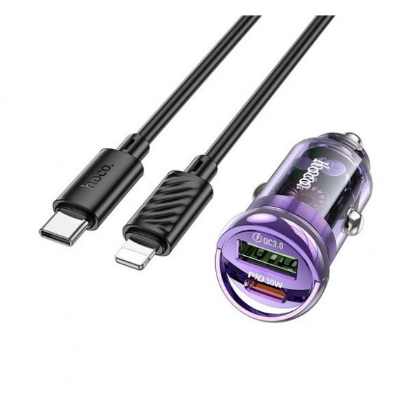 Încărcător auto HOCO Z53A USB+priză de tip C (30W, încărcător rapid PD + tip C - cablu fulger) MOVOL