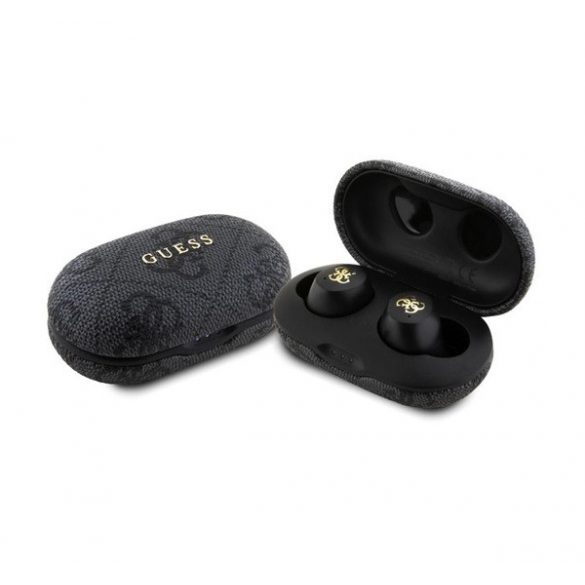 Căști bluetooth GUESS METAL LOGO STEREO (v5.3, TWS, microfon, filtru de zgomot, IPX5 rezistent la apă + carcasă de încărcare) NEGRU