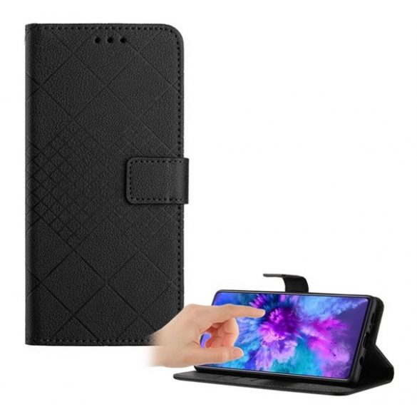 Carcasă în picioare, efect piele (FLIP, deschidere laterală, suport desktop, pătrat, premium) NEGRU Honor Magic6 Lite 5G