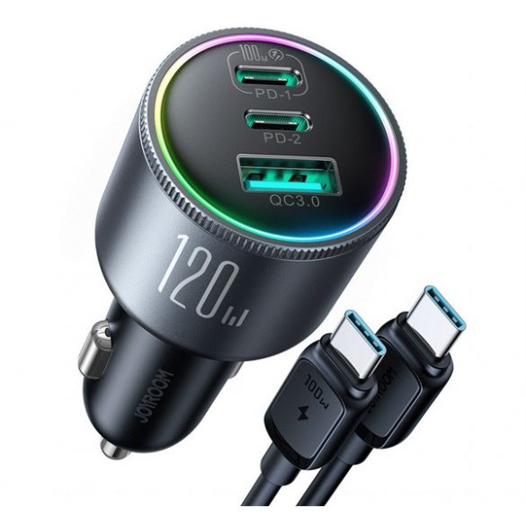 Încărcător auto JOYROOM USB+2 prize tip C (120W, încărcător rapid PD 3.0 + cablu tip C) NEGRU