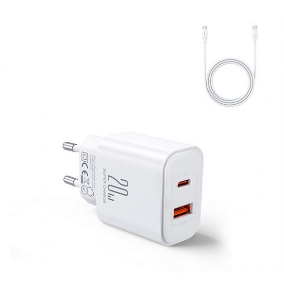 Încărcător de rețea JOYROOM USB+priză de tip C (20W, încărcător rapid PD + cablu de tip C) ALB