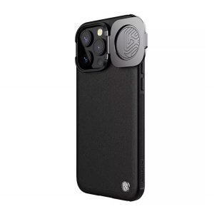 Protector de telefon din plastic NILLKIN CAMSHIELD PROP LEATHER (rezistenta la impact, spate cu efect piele, protectie camera, suport) NEGRU Apple iPhone 15 Pro Max