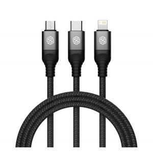 NILLKIN SWIFT PRO cablu de date 3in1 (USB - fulger/microUSB/Type-C, 4.4A, încărcător rapid, 150cm, șiret) NEGRU