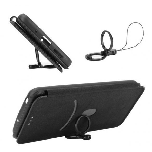 Carcasa in picioare, efect piele (FLIP, deschidere laterala, suport de masa, model carbon) NEGRU Xiaomi Redmi Note 13 4G