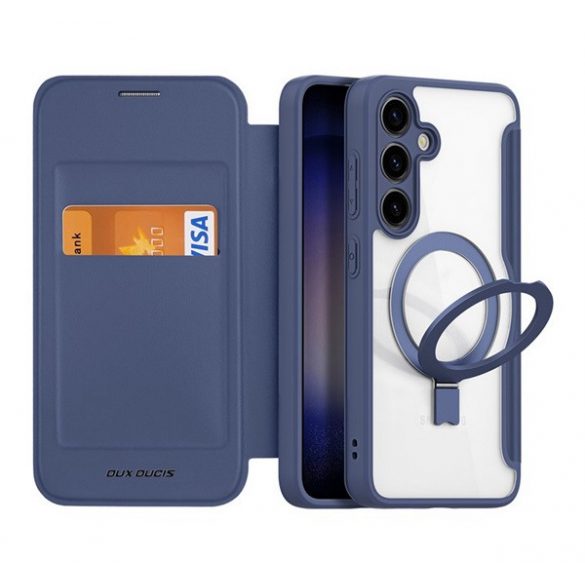 Husa DUX DUCIS SKIN X PRO in picioare, efect piele (FLIP, deschidere laterala, RFID, suport, MagSafe) ALBASTRU INCHIS Samsung Galaxy S24 (SM-S921)