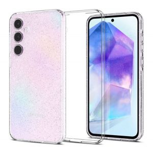 Protectie de telefon din silicon SPIGEN LIQUID CRYSTAL GLITTER (rezistenta la socuri, colt cu perna de aer, pudra cu sclipici) TRANSPARENT Galaxy A55 5G