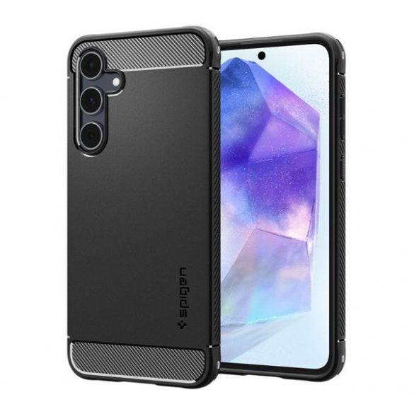 Protectie de telefon din silicon SPIGEN RUGGED ARMOR (rezistenta la impact, colt cu perna de aer, model carbon) BLACK Galaxy A55 5G