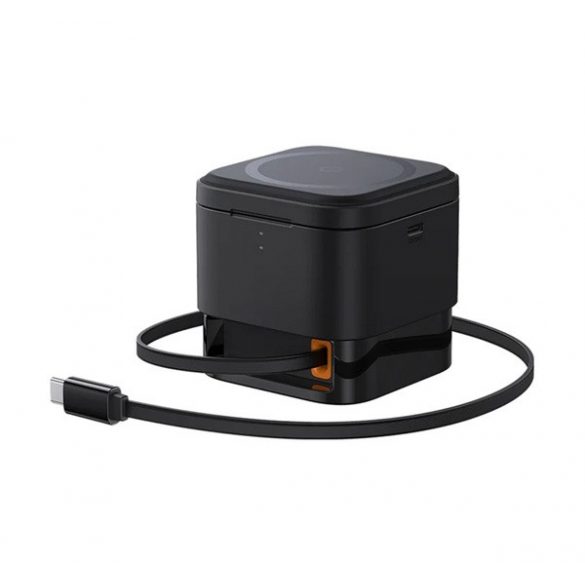 Încărcător de desktop BASEUS 3 în 1 (20 W, wireless, Apple Airpods, încărcător Apple Watch + cablu de alimentare tip C bobinabil) NEGRU