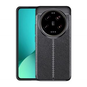 Protector de telefon din silicon (rezistenta la impact, efect piele, model de cusaturi) NEGRU Xiaomi 14 Ultra