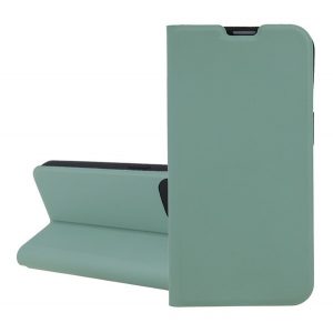 Husă în picioare, efect piele (FLIP, interior din silicon, deschidere laterală, suport de masă, buzunar pentru card) VERDE DESCHIS Samsung Galaxy A55 5G (SM-A556)