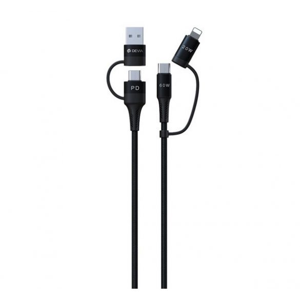 Cablu de date DEVIA EXTREME 4in1 (USB+Type-C - lightning+Type-C, 60W, incarcator rapid PD, 150cm, siret) NEGRU