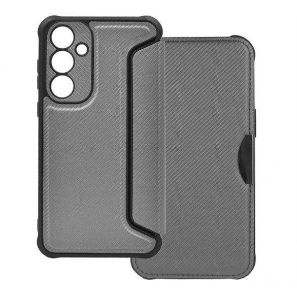 Carcasa in picioare, efect piele (FLIP, deschidere laterala, rezistenta la impact, colt cu perna de aer, protectie pentru camera, model carbon) ARGINTIE Samsung Galaxy A55 5G (SM-A556)