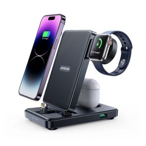 Suport de încărcare desktop JOYROOM 4 în 1 (20 W, wireless, Airpods, încărcător Apple Watch, pliabil) NEGRU