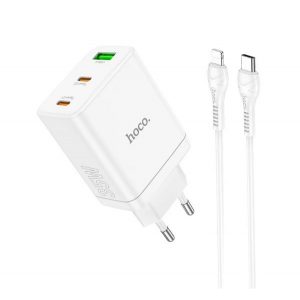 HOCO N33 încărcător de rețea USB+2 priză tip C (35W, încărcător rapid PD 3.0 + cablu lightning) ALB