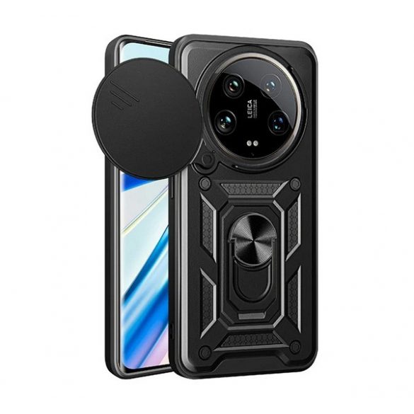 Protector de telefon din plastic Defender (rezistenta la impact, interior din silicon, inel de retinere, protectie camera) NEGRU Xiaomi 14 Ultra