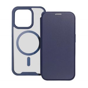 Husă în picioare, efect piele (FLIP, deschidere laterală, buzunar pentru card, protector pentru cameră, spate magnetic, transparent mat, MagSafe) ALBASTRU ÎNCHIS Apple iPhone 15