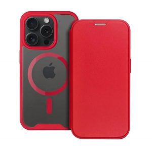 Husă în picioare, efect piele (FLIP, deschidere laterală, buzunar pentru card, protecție pentru cameră, spate magnetic, transparent mat, MagSafe) RED Apple iPhone 15 Pro