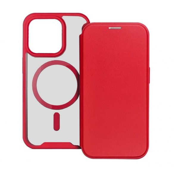 Husă în picioare, efect piele (FLIP, deschidere laterală, buzunar pentru card, protecție pentru cameră, spate magnetic, transparent mat, MagSafe) RED Apple iPhone 15 Pro