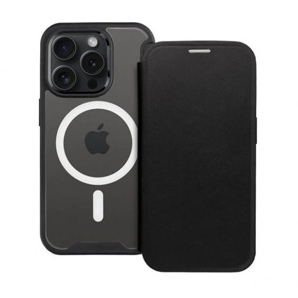 Husă în picioare, efect piele (FLIP, deschidere laterală, buzunar pentru card, protecție pentru cameră, spate magnetic, transparent mat, MagSafe) NEGRU Apple iPhone 12 Pro Max